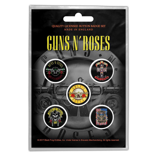 GUNS N ROSES Button Badge 5 Piece Set - Each Badge Approx 1 Inch - Guns N' Roses Bullet Logo - Pinback Badge Button Pack Set