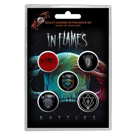 IN FLAMES Button Badge 5 Piece Set - Each Badge Approx 1 Inch - In Flames Battles - Pinback Badge Button Pack Set