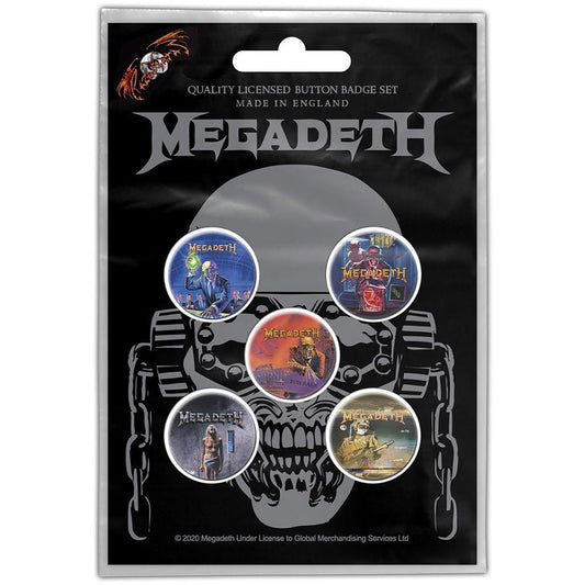 MEGADETH Button Badge 5 Piece Set - Each Badge Approx 1 Inch - Megadeth Vic Rattlehead - Pinback Badge Button Pack Set