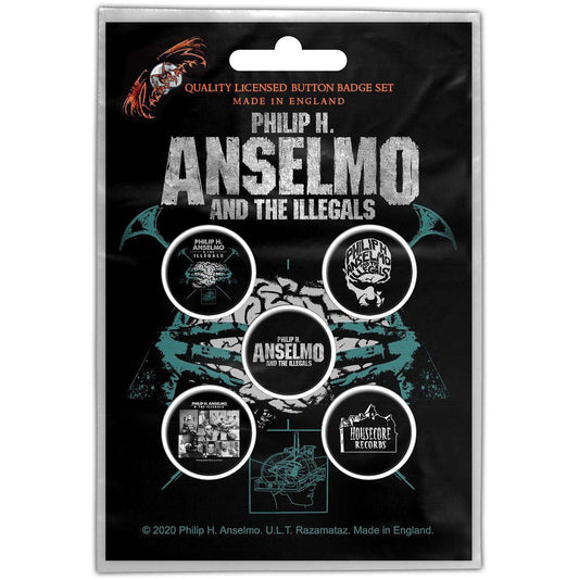 PHILIP H ANSELMO Button Badge 5 Piece Set - Each Badge Approx 1 Inch - Philip H. Anselmo The Illegals Brain - Pinback Badge Button Pack Set