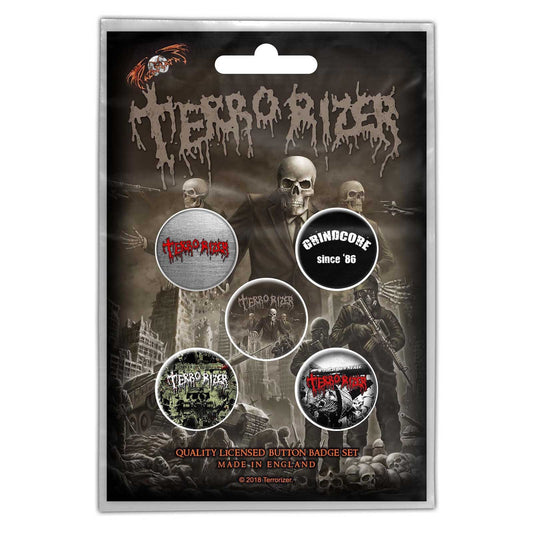 TERRORIZER Button Badge 5 Piece Set - Each Badge Approx 1 Inch - Terrorizer Caustic Attack - Pinback Badge Button Pack Set