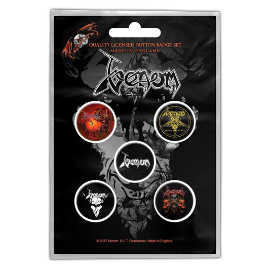 VENOM Button Badge 5 Piece Set - Each Badge Approx 1 Inch - Venom Black Metal - Pinback Badge Button Pack Set - Craft Supply